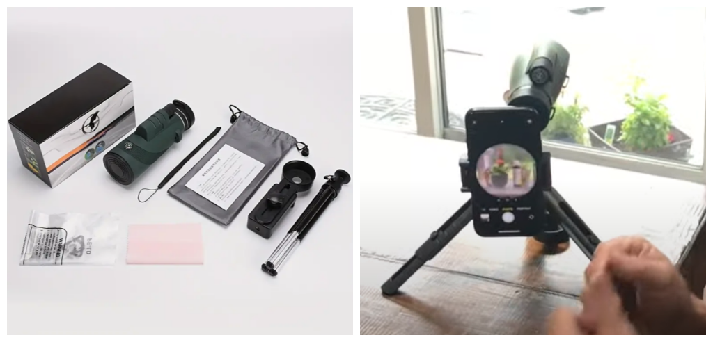 Image of OptiScope box contents and OptiScope mounted on a tripod and attached to a phone.